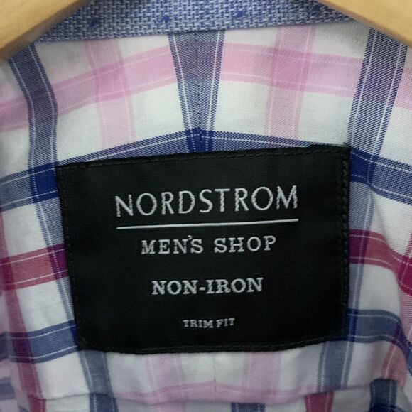 Nordstrom Mens Shop Non Iron 15 Long Sleeve Button Up Shirt Plaid Pink Spread - Picture 2 of 6